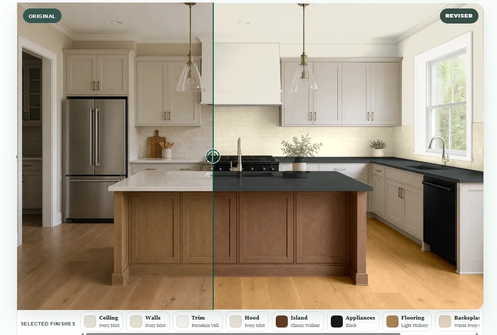 NexyBay Room Planner kitchen before-and-after comparison with the green comparison handle