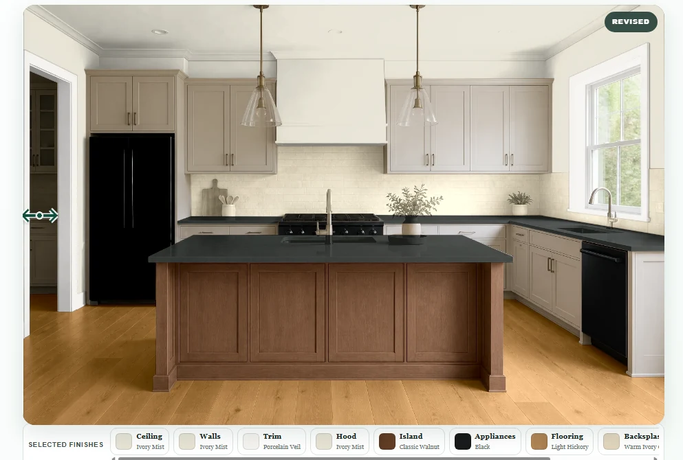 NexyBay Room Planner showing a remodeled kitchen with coordinated flooring, countertops, cabinets, and appliances